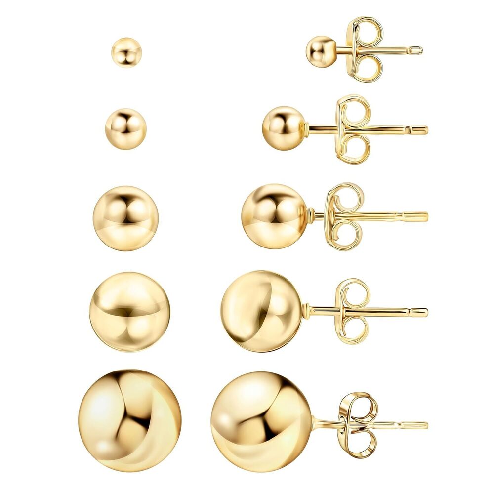18K Gold Plated Ball Stud Earrings Set, Sizes 3-10MM, 5 Pack, High Polish